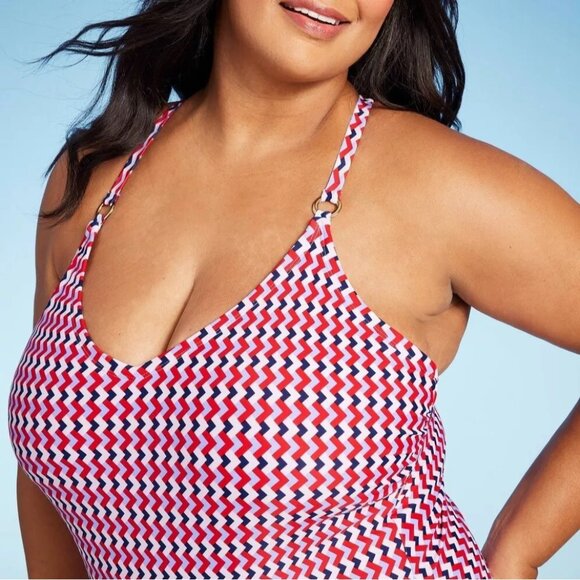 Kona Sol Red & Blue Geo Print w/ Ring Strap Detail 1 Pc Swimsuit - Picture 2 of 8